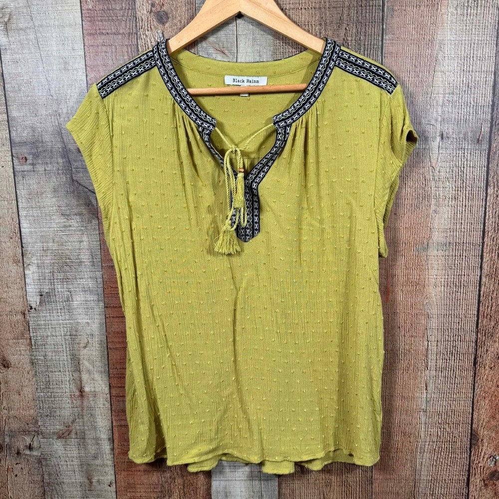 Black Rainn Gauze Peasant Top XL Boho Tie Front Blouse Rayon Flowy Chartreuse